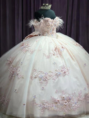 Misshow Off-Shoulder Ball Gown with Feather Accents Floral Lace Appliques and Beaded Bow Princess Quinceanera & Sweet 16 Party Dress