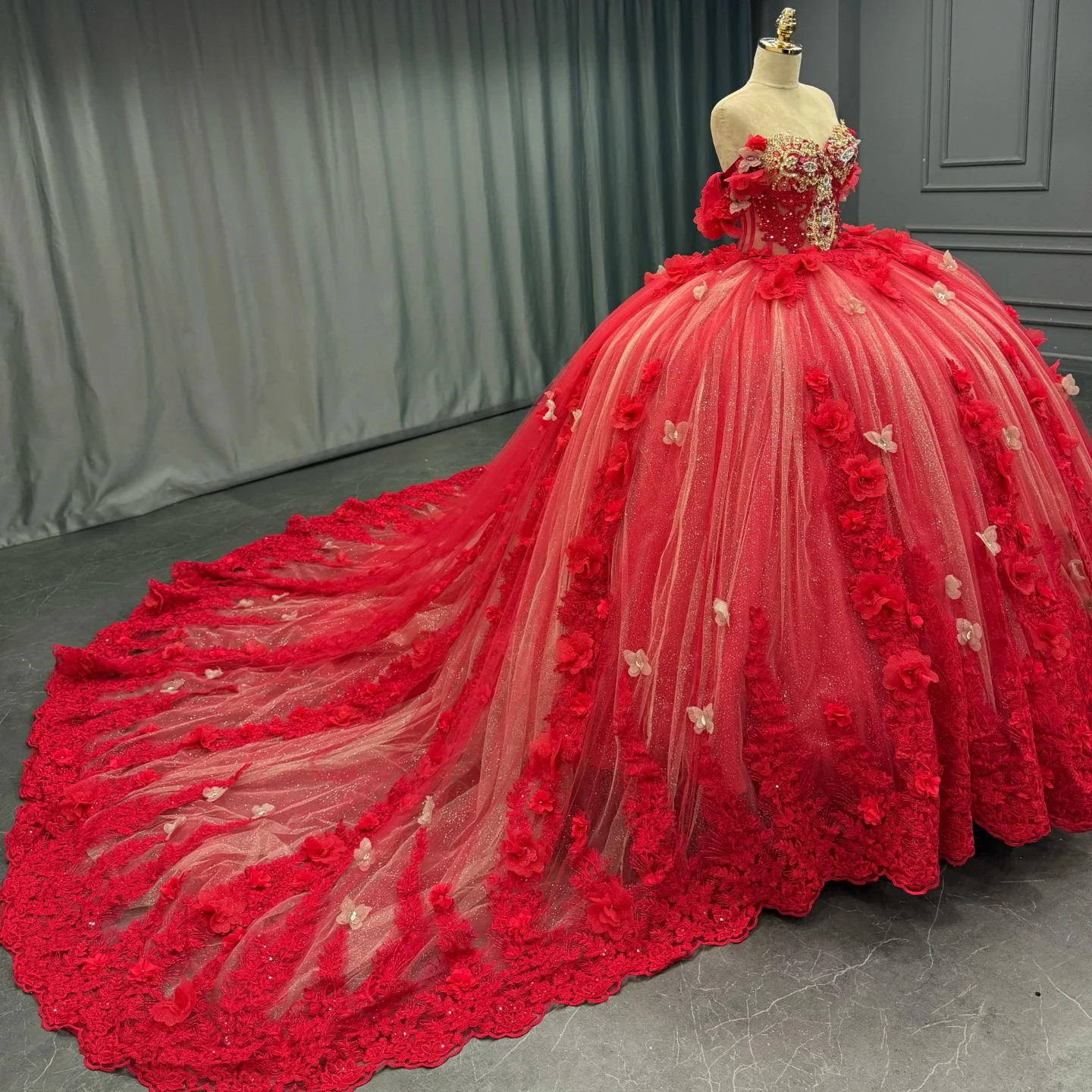Misshow Off-Shoulder Ball Gown with Sequins & 3D Floral Appliques Sparkling Red Tulle Quinceanera & Party Dress