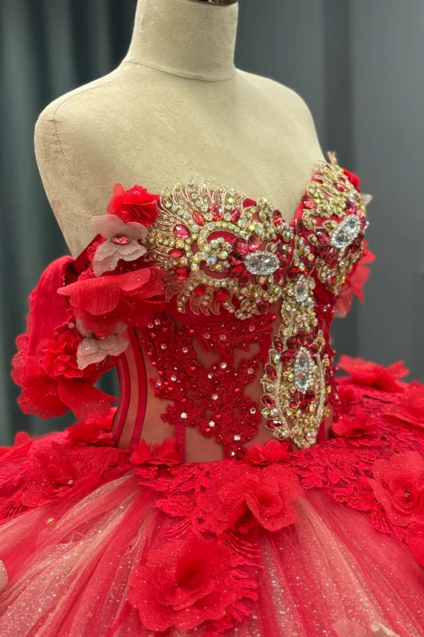 Misshow Off-Shoulder Ball Gown with Sequins & 3D Floral Appliques Sparkling Red Tulle Quinceanera & Party Dress