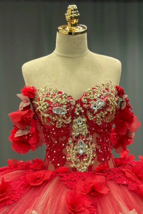 Misshow Off-Shoulder Ball Gown with Sequins & 3D Floral Appliques Sparkling Red Tulle Quinceanera & Party Dress
