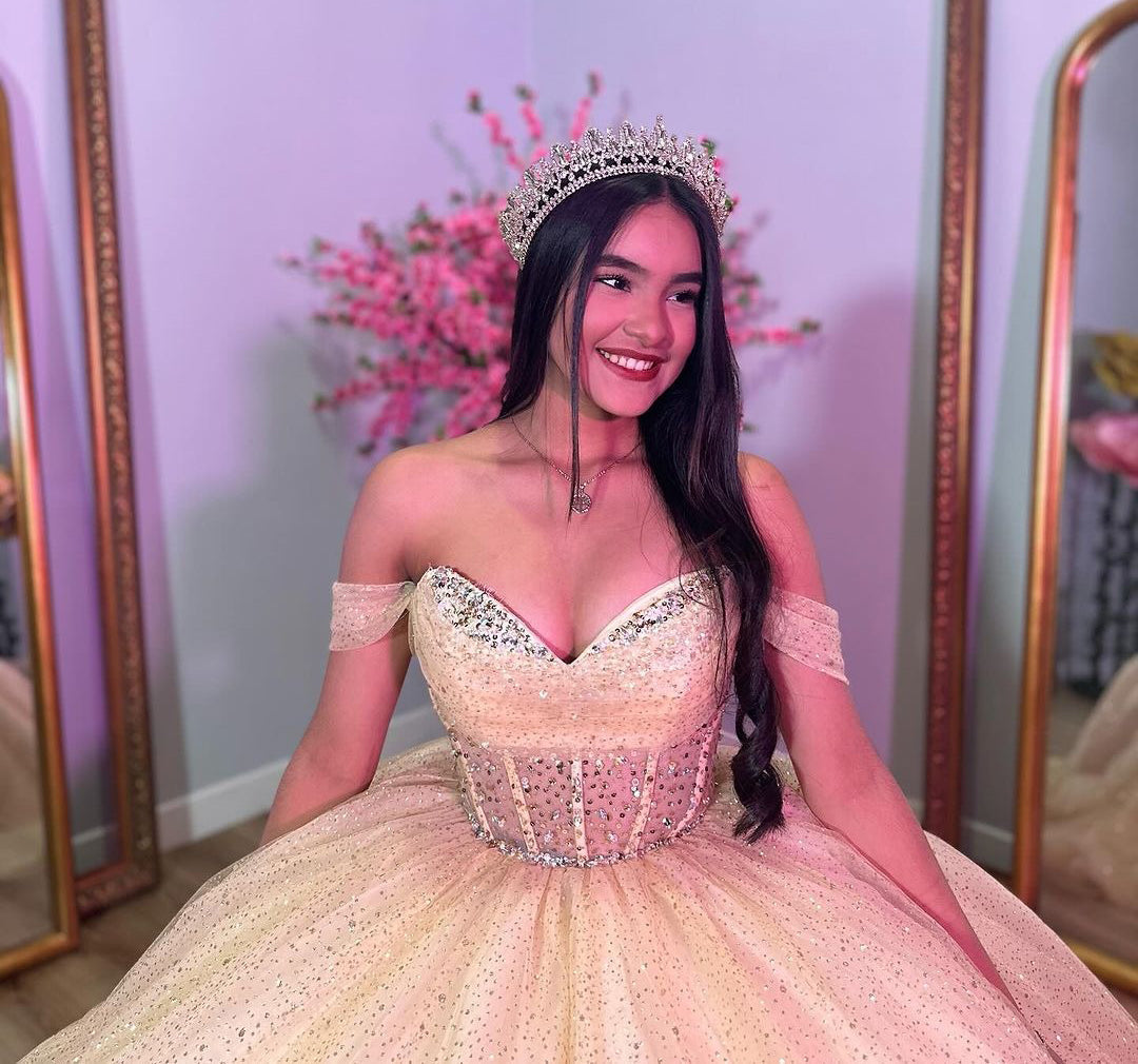 Misshow Off-Shoulder Beaded Tulle Ball Gown Princess Quinceanera & Sweet 16 Party Dress