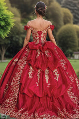 Misshow Off-Shoulder Gold Flower Appliques Red Tulle Quinceanera Dress Tiered Ball Gown for Sweet 16 & Birthday Parties