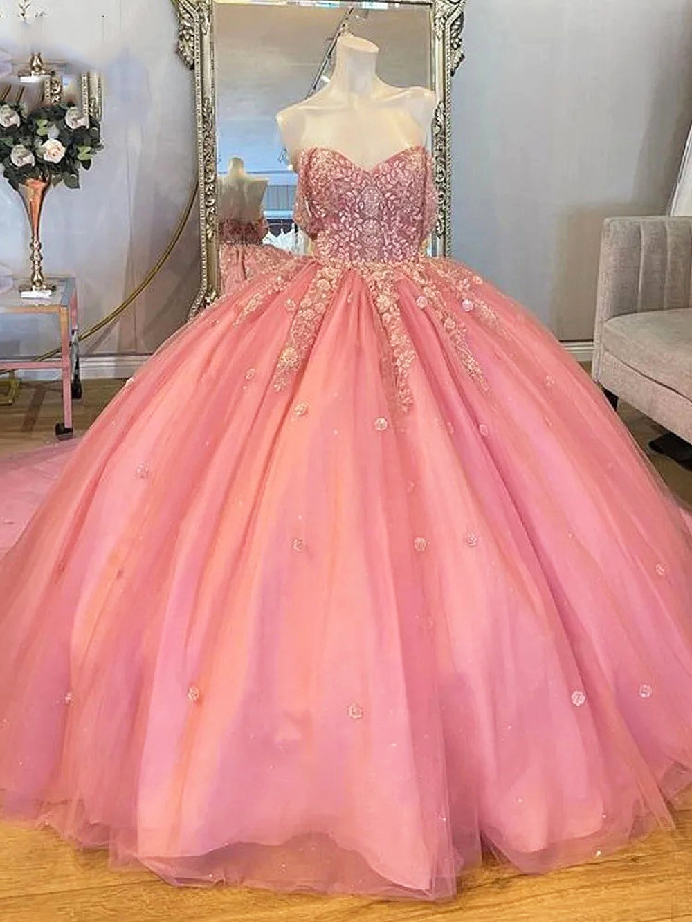 Misshow Off-Shoulder Pink Tulle Quinceanera Dress with Floral Applique & Beaded Sparkle Perfect for Sweet 16 & Birthday Galas
