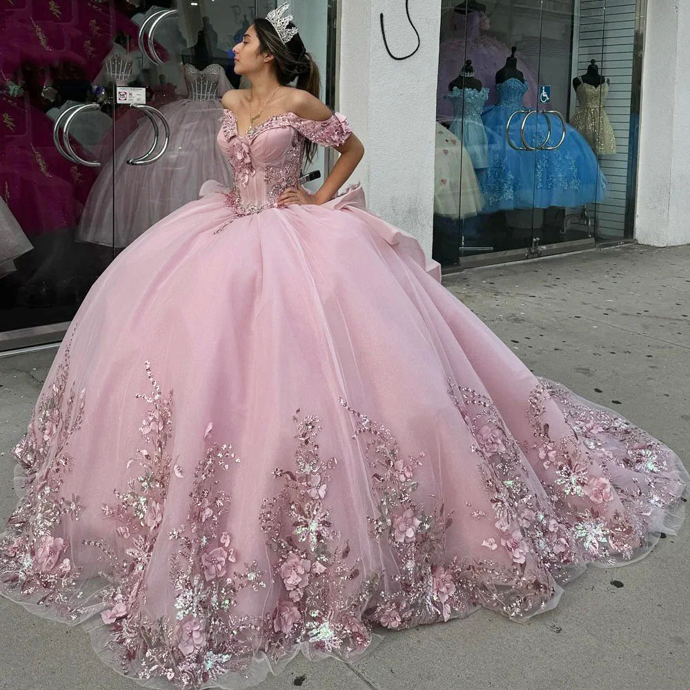 Misshow Off-Shoulder Pink Tulle Quinceanera Dress with Floral Appliques & Beaded Ruffles Perfect for Sweet 16 & Graduation Galas