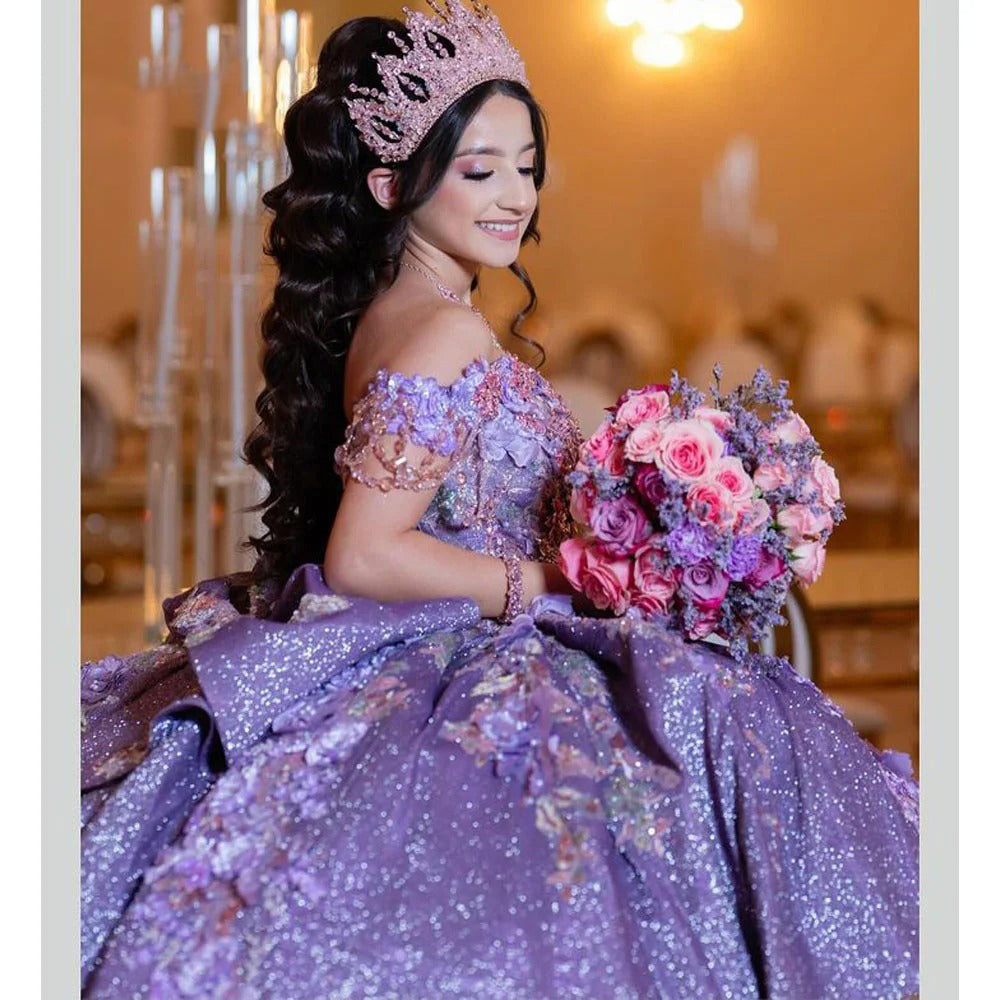Misshow Off-Shoulder Purple Ball Gown 3D Floral Lace Beaded Sequins & Tiered Ruffles for Quinceanera Sweet 16 & Birthday Parties