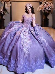 Misshow Off-Shoulder Purple Ball Gown 3D Floral Lace Beaded Sequins & Tiered Ruffles for Quinceanera Sweet 16 & Birthday Parties