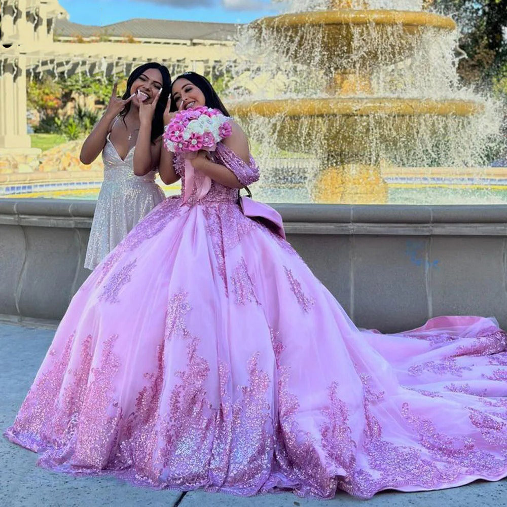 Misshow Off-Shoulder Purple Tulle Quinceanera Dress Lace Applique & Beaded Ball Gown for Sweet 16 & Princess Parties