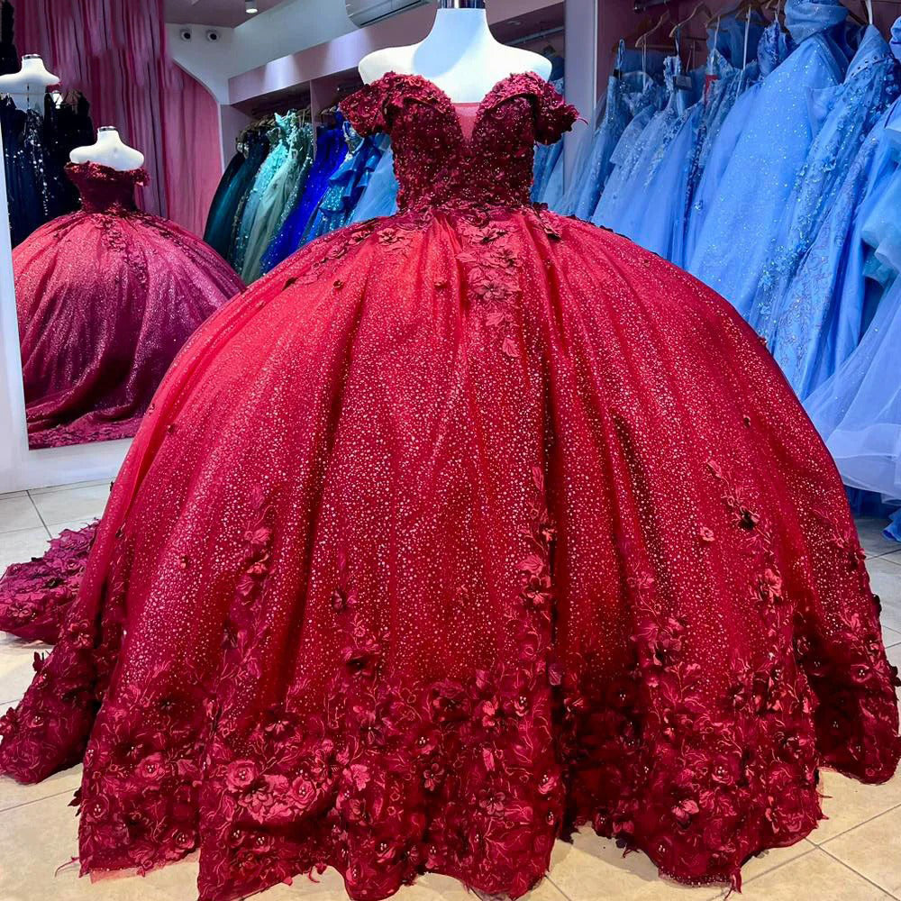 Misshow Off-Shoulder Red Tulle Quinceanera Dress Sparkling Floral Applique Ball Gown for Sweet 16 & Princess Birthday Parties