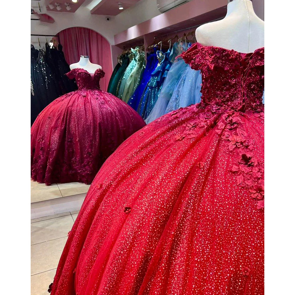 Misshow Off-Shoulder Red Tulle Quinceanera Dress Sparkling Floral Applique Ball Gown for Sweet 16 & Princess Birthday Parties