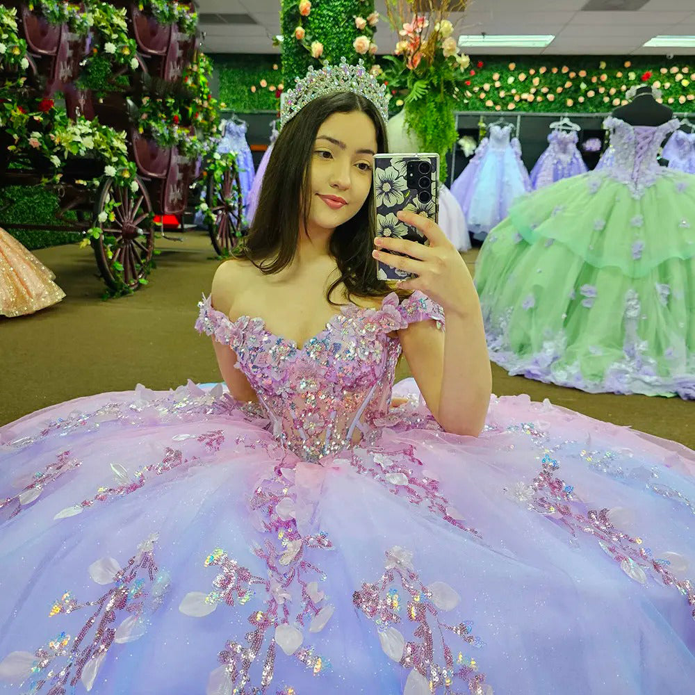 Misshow Off-Shoulder Sparkle Ball Gown Beaded Tulle Princess Dress for Prom Quinceanera & Sweet 16 Celebrations