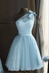Misshow One Shoulder Blue Homecoming Dress/Mini Dress With Bowknot