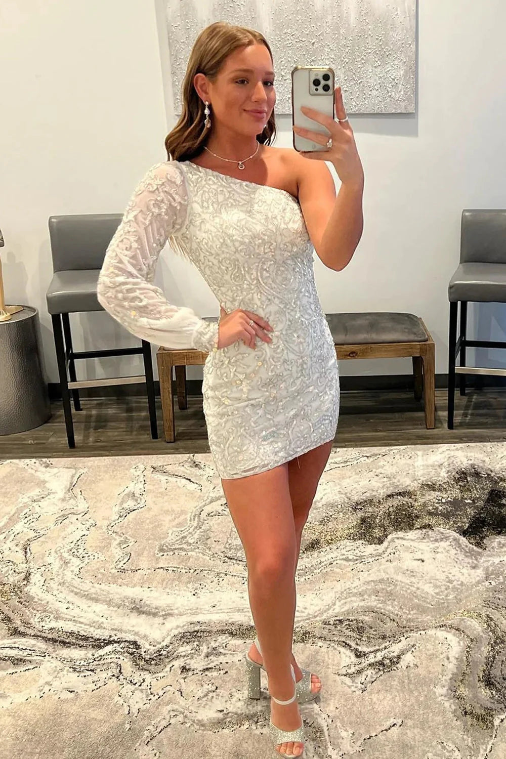 Misshow Orange Beaded Sequins One Shoulder Tight Homecoming Dress/Mini Dress