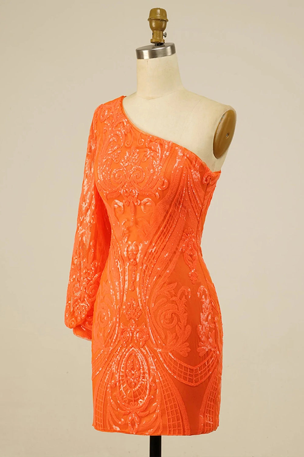 Misshow Orange Beaded Sequins One Shoulder Tight Homecoming Dress/Mini Dress