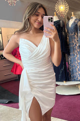 Misshow Orange One Shoulder Tight Satin Homecoming Dress/Mini Dress with Slit