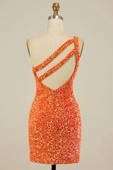 Misshow Orange Open Back One Shoulder Sequins Tight Homecoming Dress/Mini Dress