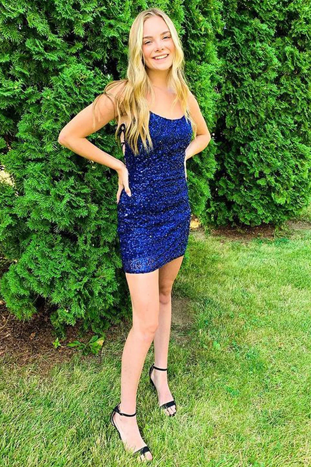 Misshow Orange Spaghetti Straps Backless Sequins Tight Homecoming Dress/Mini Dress