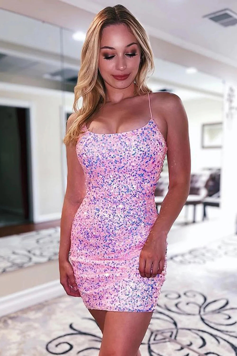 Misshow Orange Spaghetti Straps Backless Sequins Tight Homecoming Dress/Mini Dress