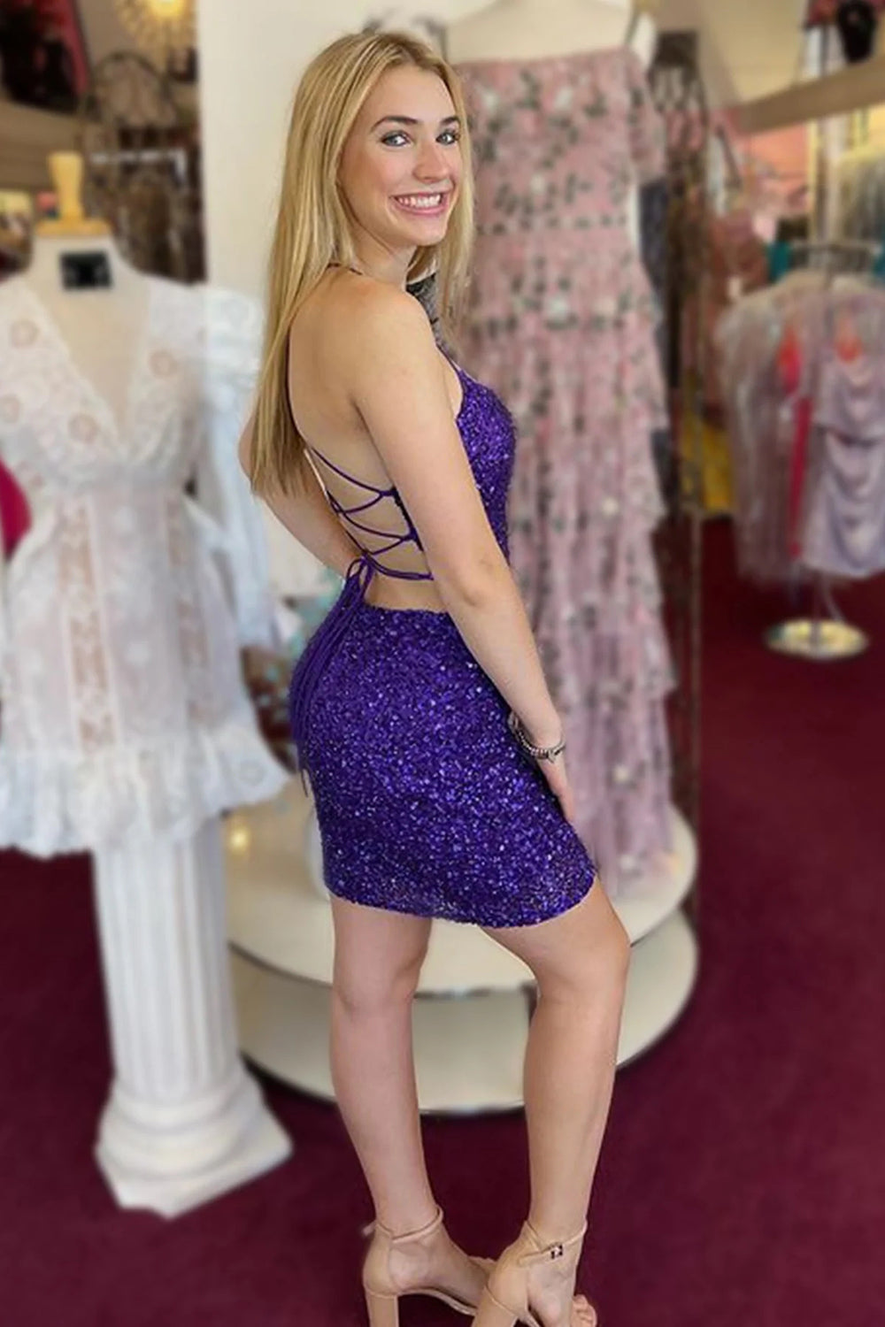 Misshow Orange Spaghetti Straps Backless Sequins Tight Homecoming Dress/Mini Dress
