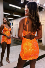 Misshow Orange Sparkly Sequins Tight Short Homecoming Dress/Mini Dress