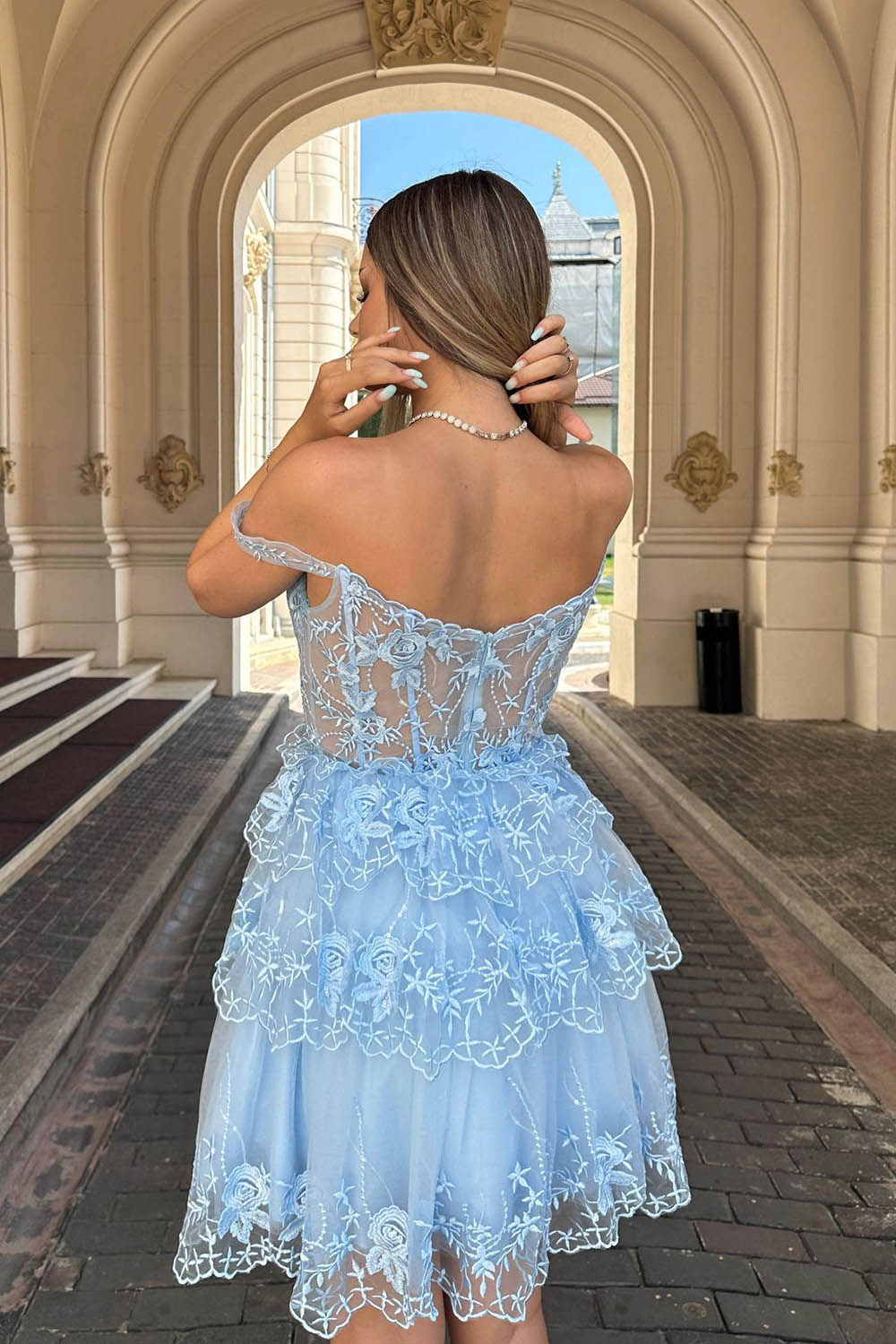 Misshow Pink A-Line Off the Shoulder Tiered Short Homecoming Dress/Mini Dress