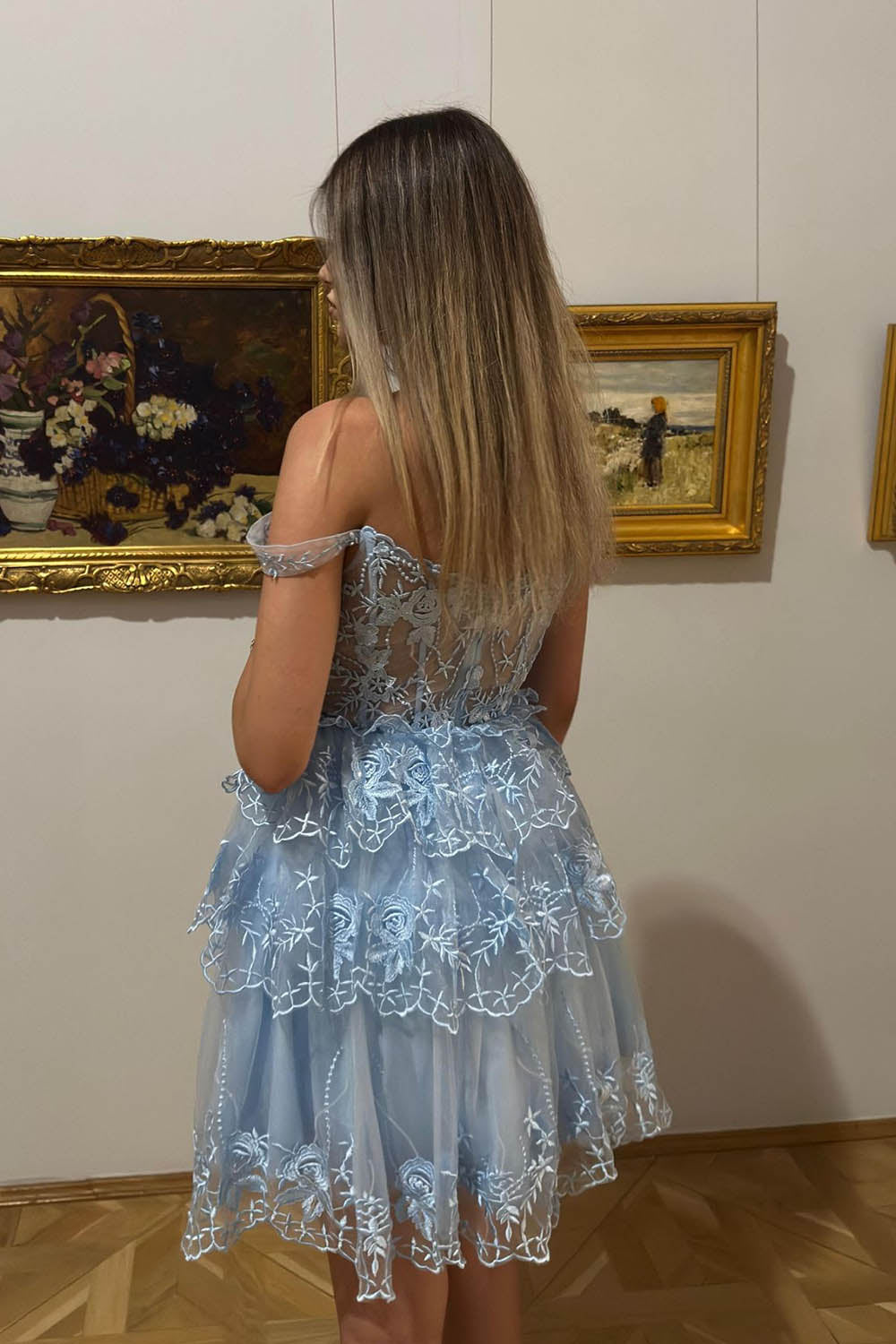 Misshow Pink A-Line Off the Shoulder Tiered Short Homecoming Dress/Mini Dress
