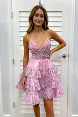 Misshow Pink A Line Ruffled Spaghetti Straps Short Homecoming Dress/Mini Dress