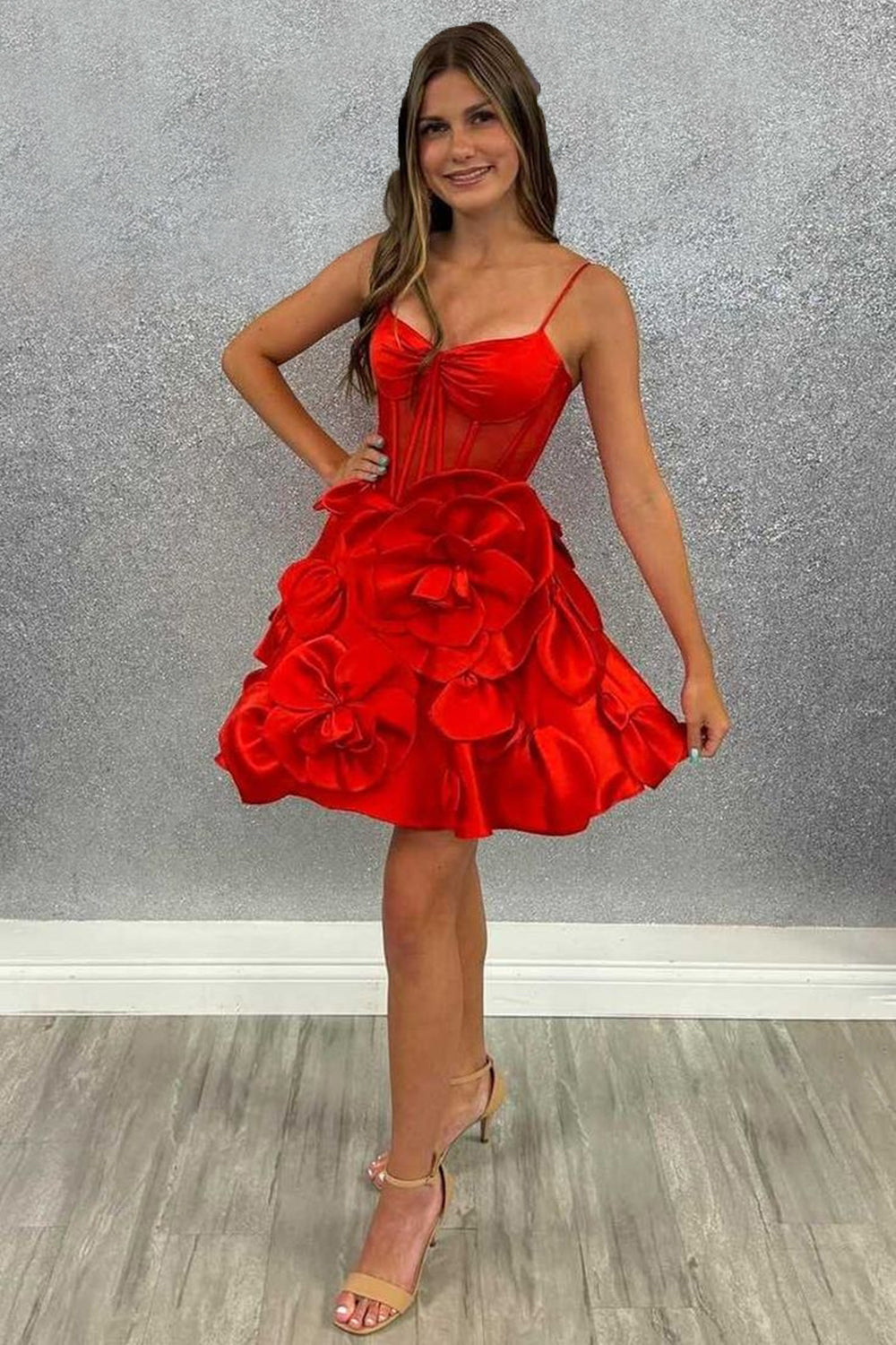Misshow Pink Corset A Line Short Homecoming Dress/Mini Dress With 3D Flowers