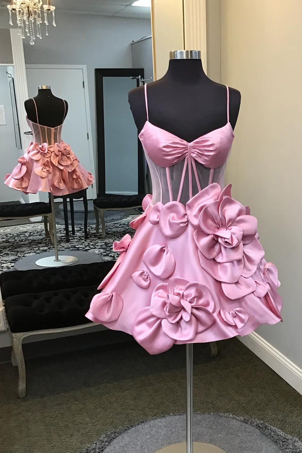 Misshow Pink Corset A Line Short Homecoming Dress/Mini Dress With 3D Flowers