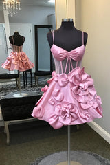 Misshow Pink Corset A Line Short Homecoming Dress/Mini Dress With 3D Flowers