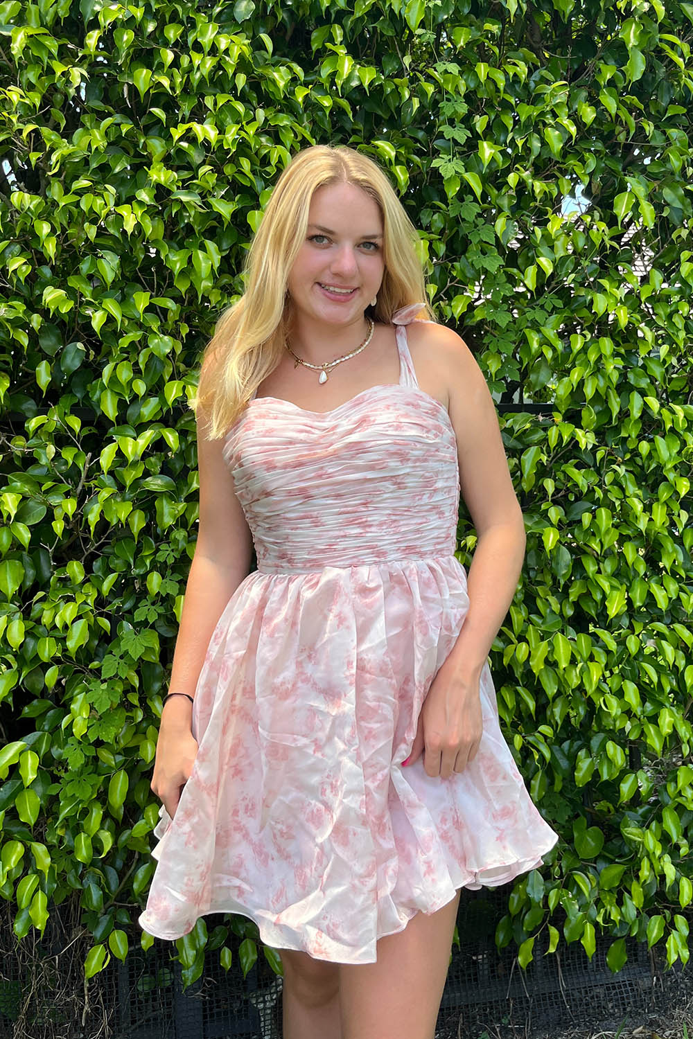 Misshow Pink Floral Print A-Line Short Homecoming Dress/Mini Dress
