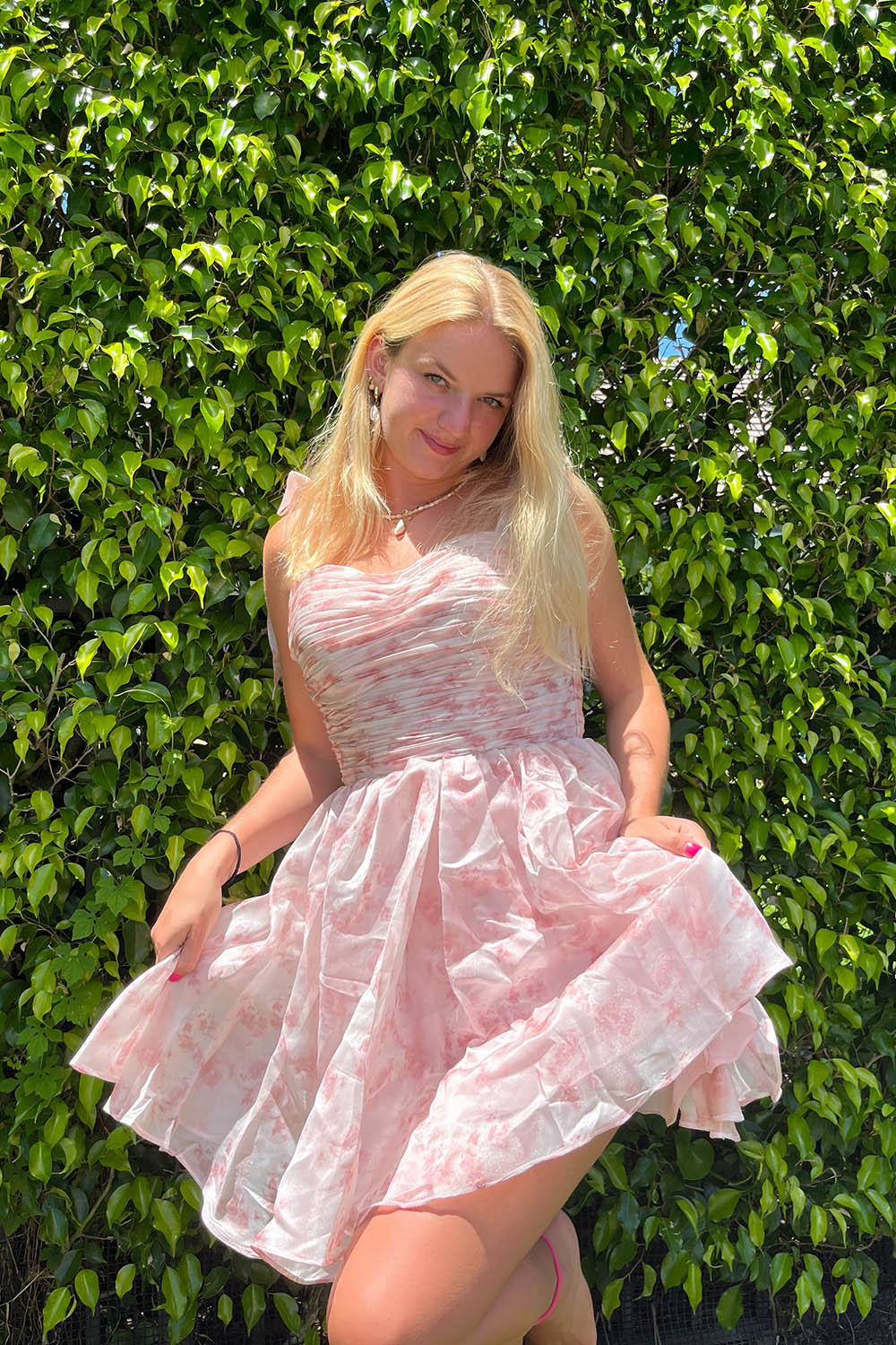 Misshow Pink Floral Print A-Line Short Homecoming Dress/Mini Dress