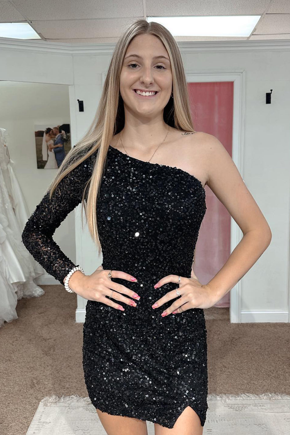 Misshow Pink One Shoulder One Sleeve Sequins Tight Short Homecoming Dress/Mini Dress