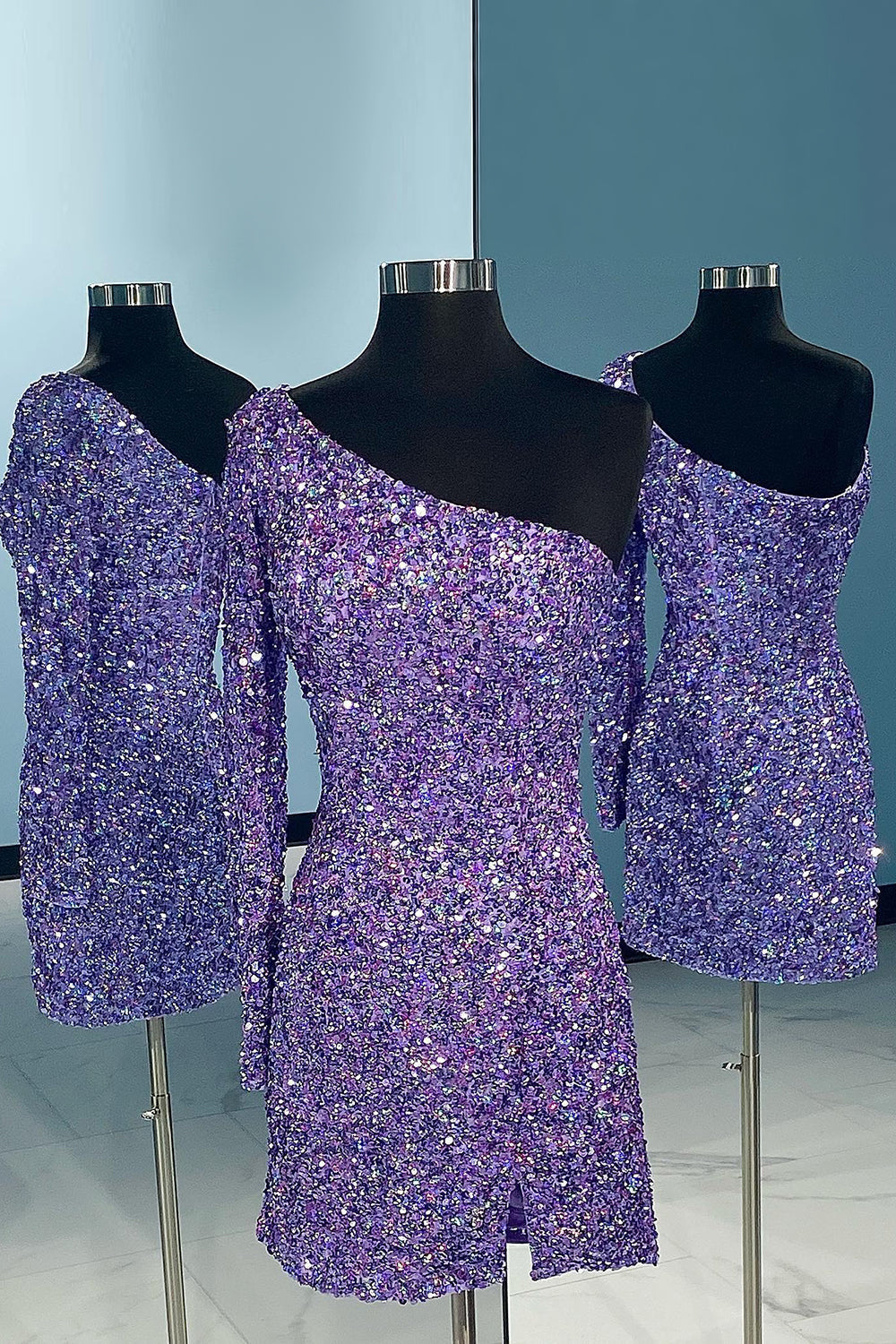 Misshow Pink One Shoulder One Sleeve Sequins Tight Short Homecoming Dress/Mini Dress