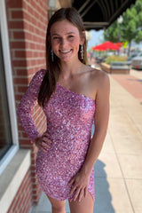 Misshow Pink One Shoulder One Sleeve Sequins Tight Short Homecoming Dress/Mini Dress
