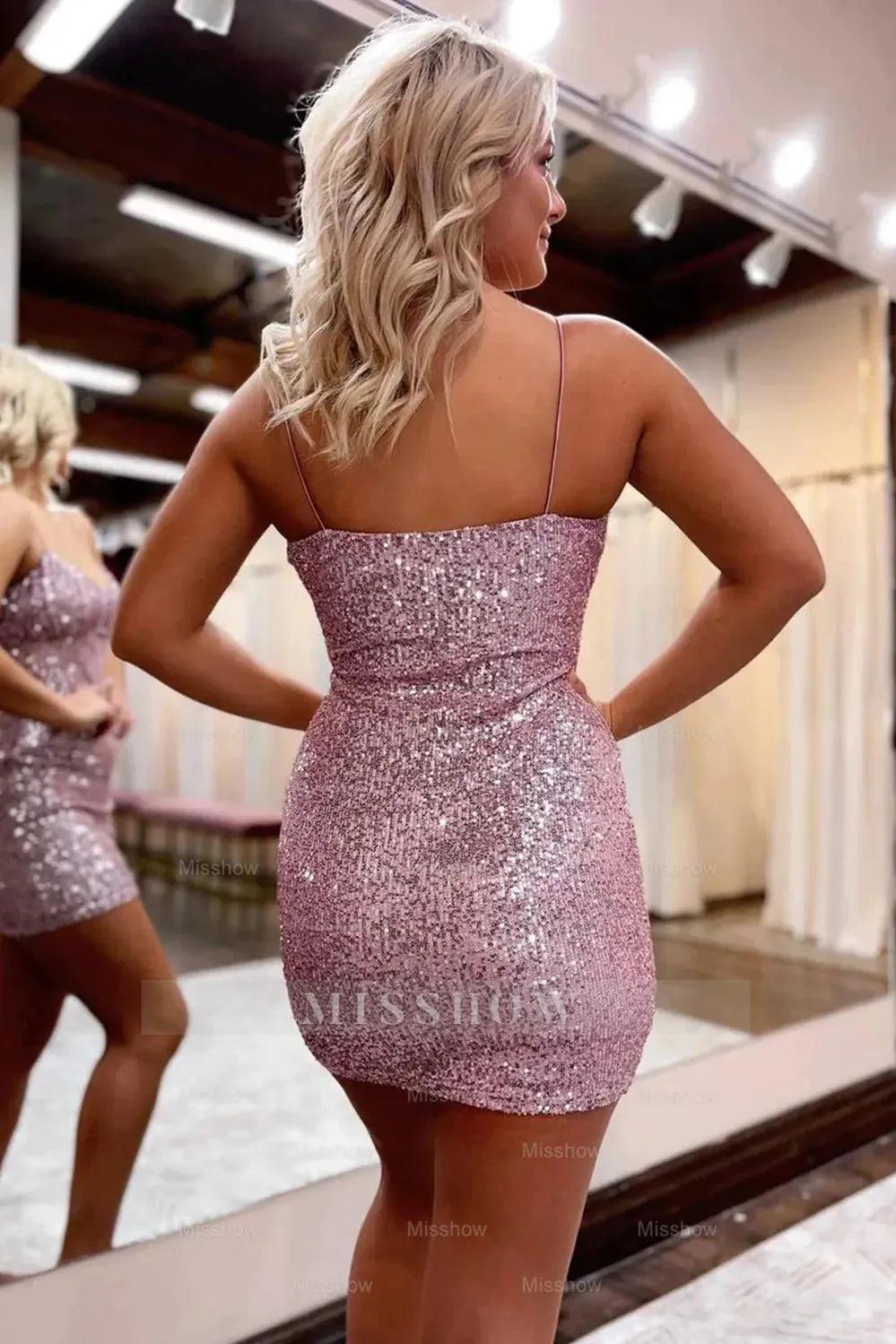 Misshow Pink Spaghetti Straps Sequins Tight Hoco Dress