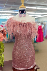 Misshow Pink Sparkly Tight Sequins Homecoming Dress/Mini Dress with Feathers