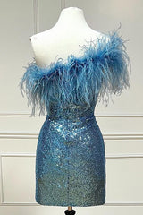Misshow Pink Sparkly Tight Sequins Homecoming Dress/Mini Dress with Feathers