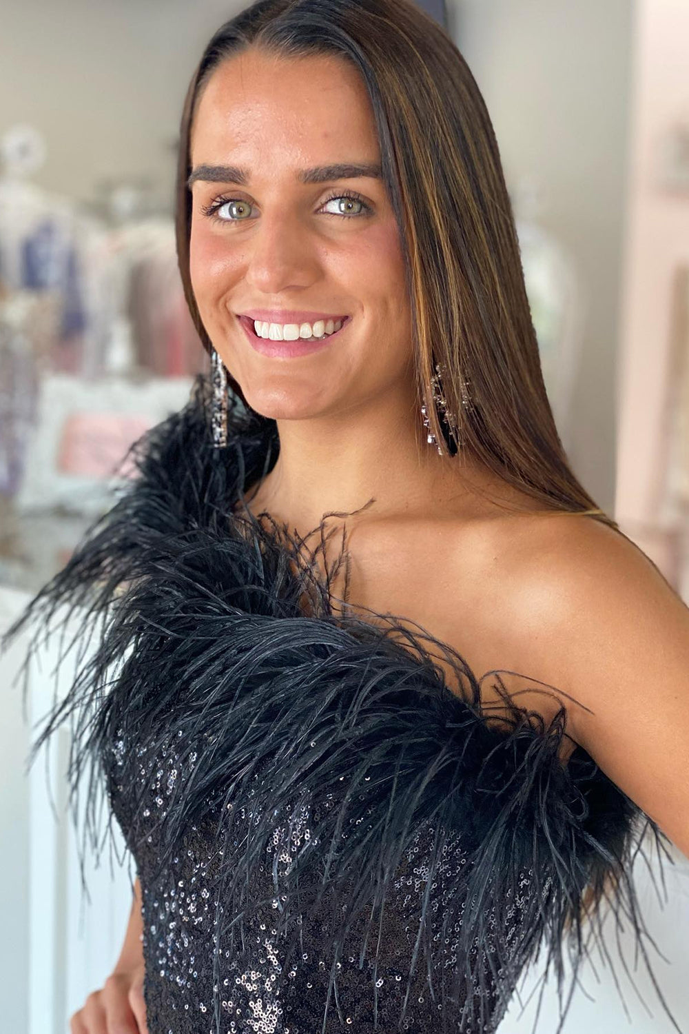 Misshow Pink Sparkly Tight Sequins Homecoming Dress/Mini Dress with Feathers