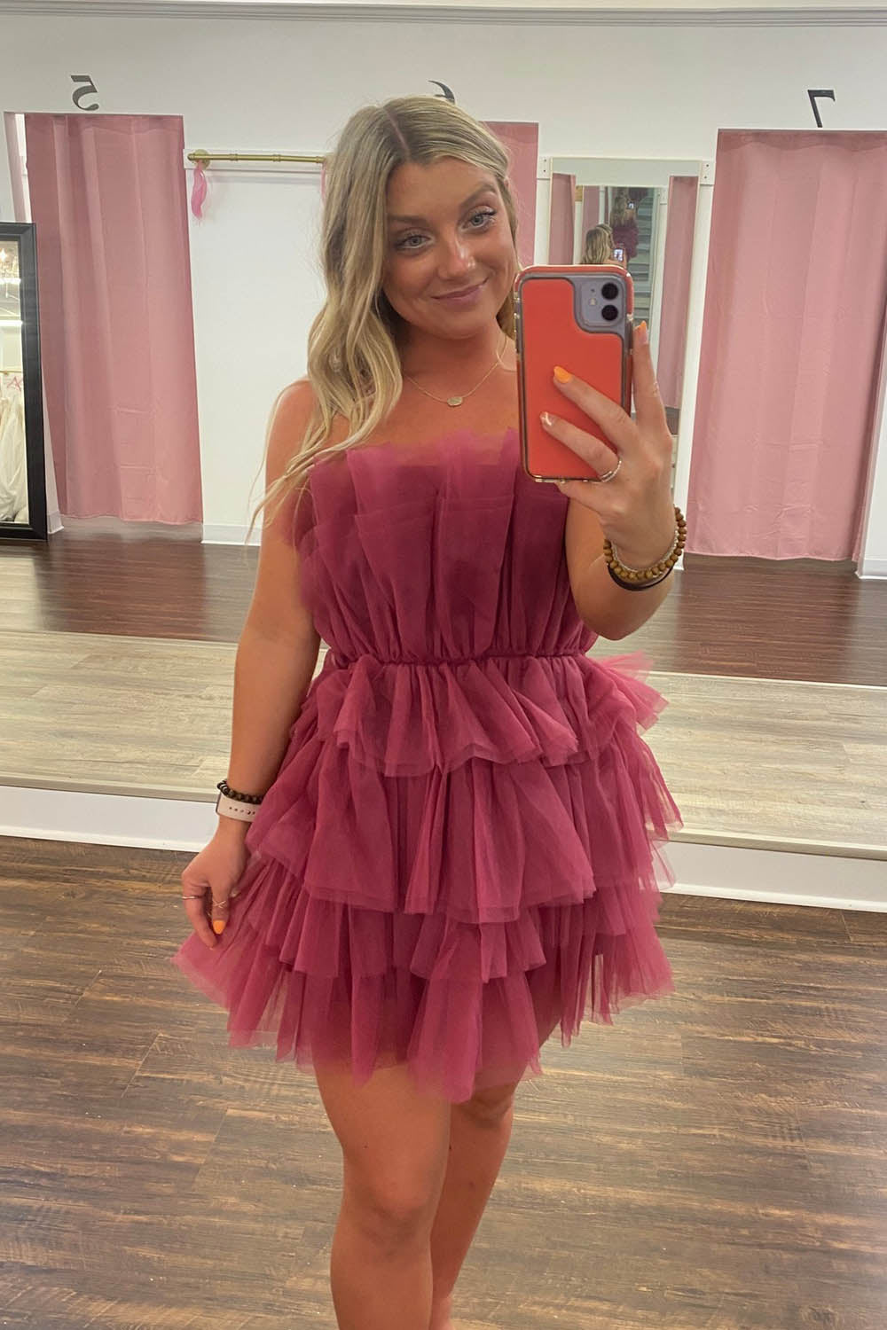 Misshow Pink Strapless A-Line Tiered Tulle Short Homecoming Dress/Mini Dress