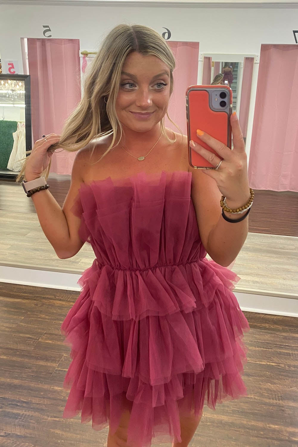 Misshow Pink Strapless A-Line Tiered Tulle Short Homecoming Dress/Mini Dress