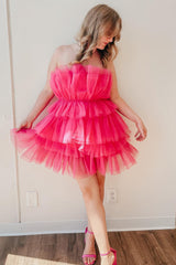 Misshow Pink Strapless A-Line Tiered Tulle Short Homecoming Dress/Mini Dress