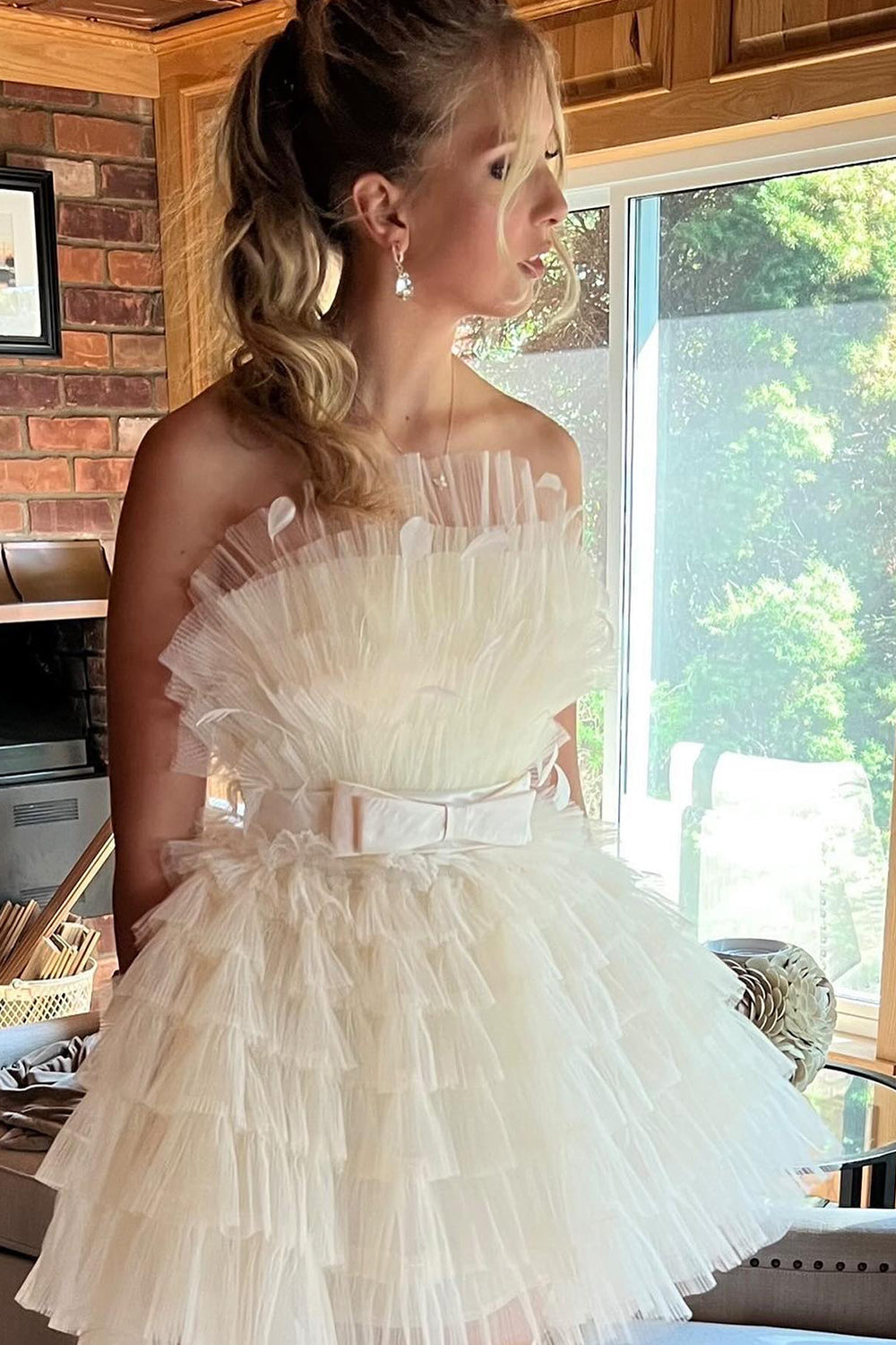 Misshow Pink Strapless A-Line Tiered Tulle Short Homecoming Dress/Mini Dress