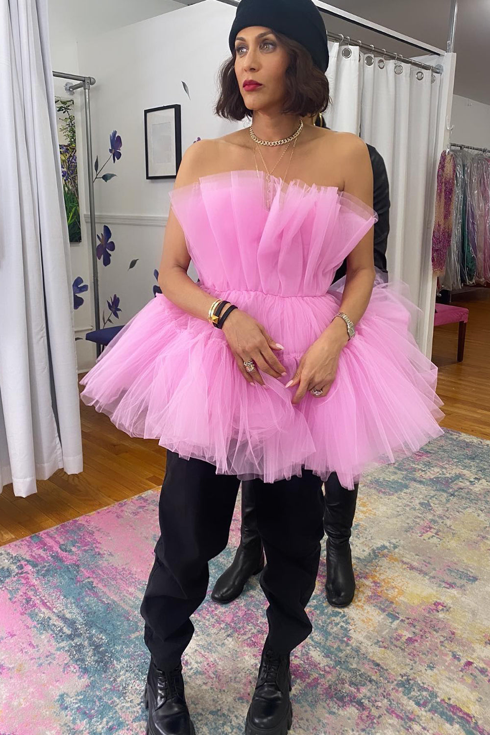 Misshow Pink Strapless A-Line Tiered Tulle Short Homecoming Dress/Mini Dress