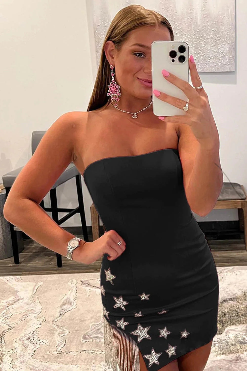 Misshow Pink Tight Homecoming Dress/Mini Dress with Star and Fringes