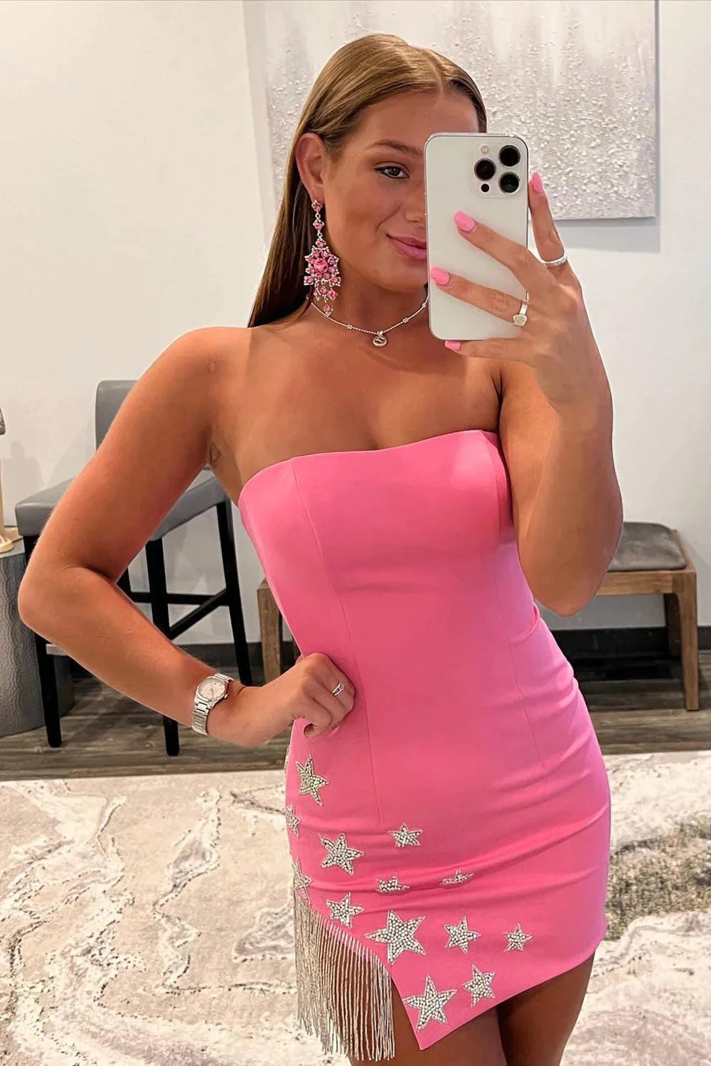 Misshow Pink Tight Homecoming Dress/Mini Dress with Star and Fringes
