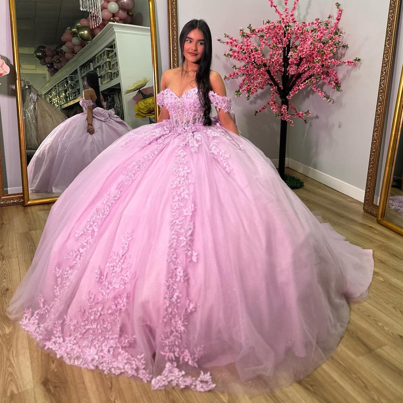 Misshow Pink Tulle Ball Gown Off-Shoulder Sweetheart Neckline with Lace Appliques & Bow Detail for Quinceanera Sweet 16 and Evening Parties