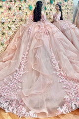 Misshow Pink Tulle Quinceanera Dress Off-Shoulder Ball Gown with 3D Flower Appliques Beaded Crystal Ruffles & Sleeveless Design for Sweet 16 Formal Evenings & Birthday Parties