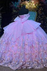 Misshow Pink Tulle Quinceanera Dress Strapless Ball Gown with 3D Butterflies Pleated Skirt & Bow Shawl for Sweet 16 & Formal Events