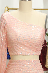 Misshow Pink Two Piece Sequin Homecoming Dress/Mini Dress