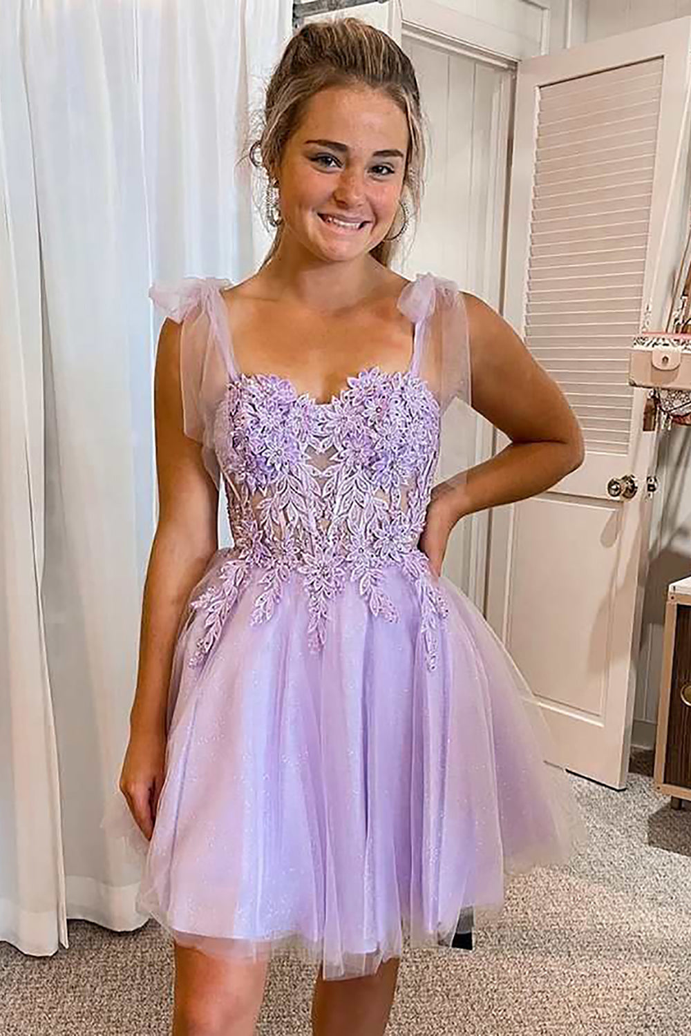 Misshow Purple Corset A-Line Tulle Short Homecoming Dress/Mini Dress with Lace